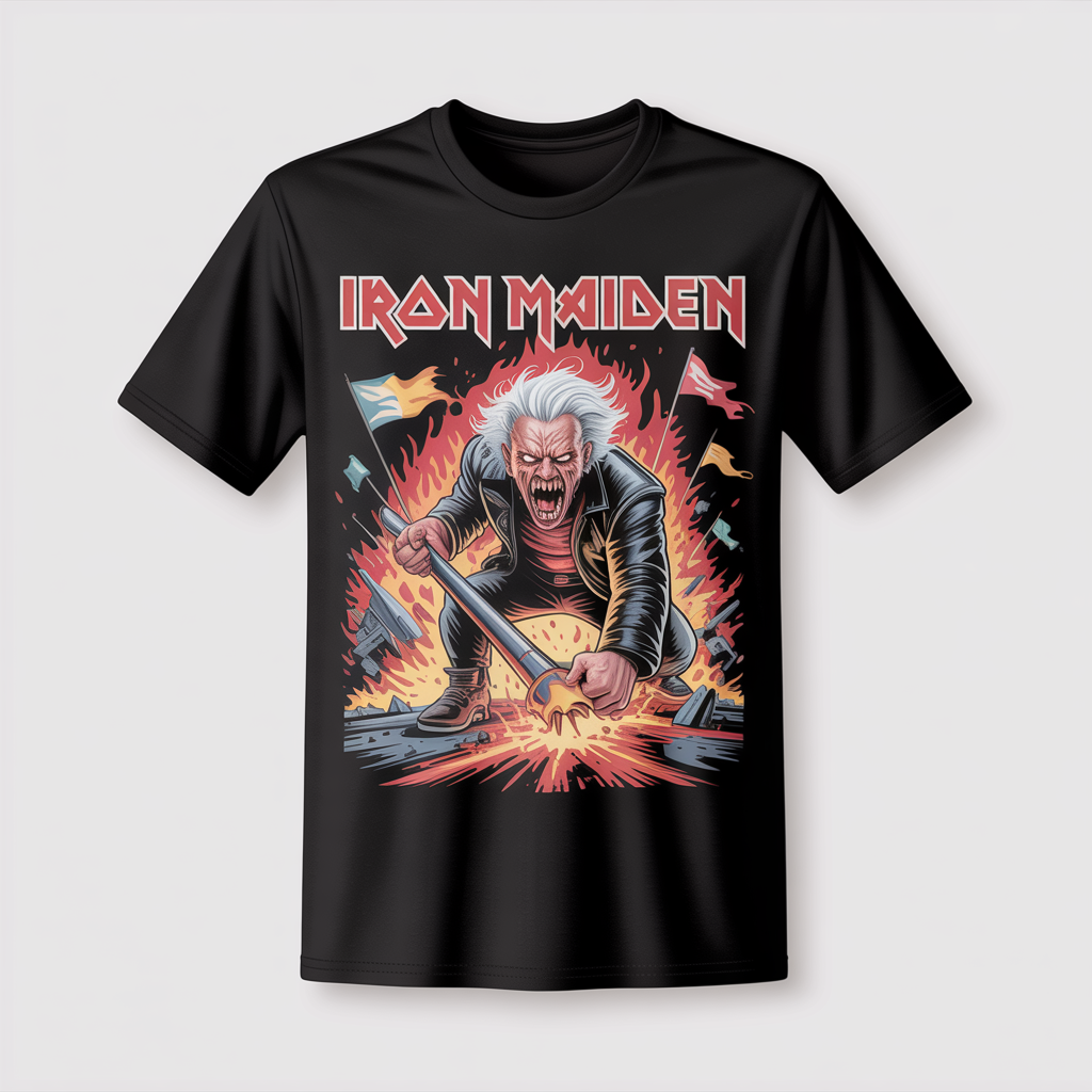 (2 sides)Vintage Iron Maiden Graphic Tee – Eddie with Flags Rock Shirt