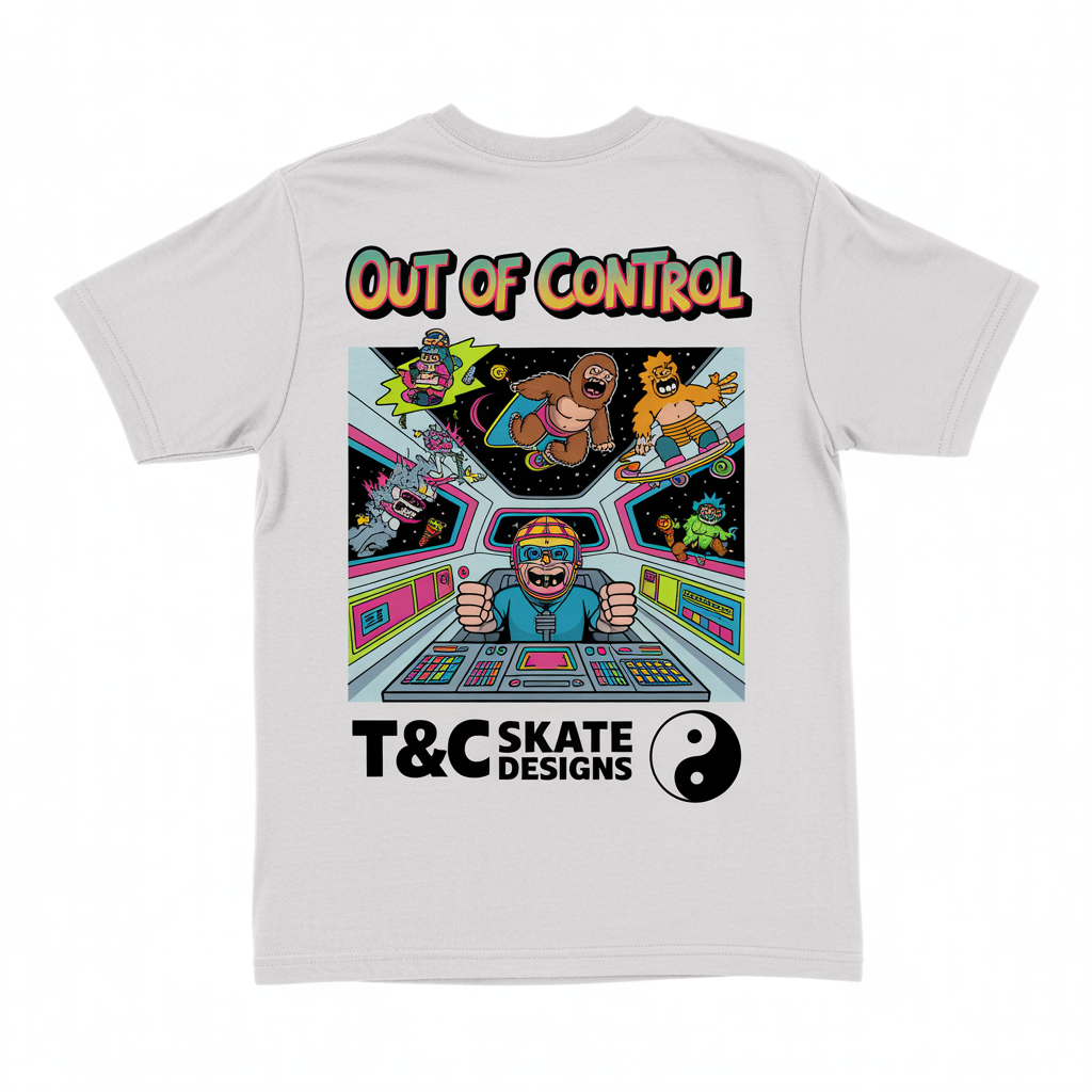 (2 sides)Town & Country Vintage Surf Style T-Shirt – T and C Out of Control Retro Heavyweight Tee for Men – White