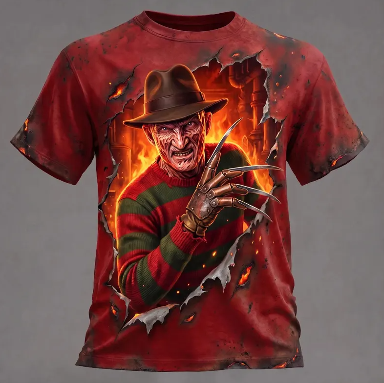 Freddy Krueger Horror T-Shirt, Nightmare on Elm Street 3D All Over Print Shirt, Halloween Scary Movie Tee, Slasher Horror Fan Gift