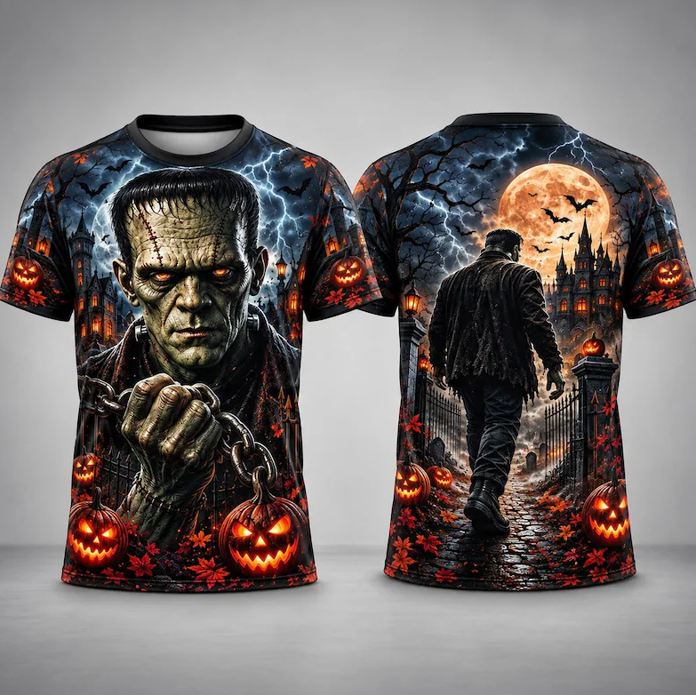 Frankenstein Halloween Shirt, Horror Graphic Tee, Gothic Halloween T Shirt, Monster Shirt, Spooky Pumpkin Shirt 3D All Over