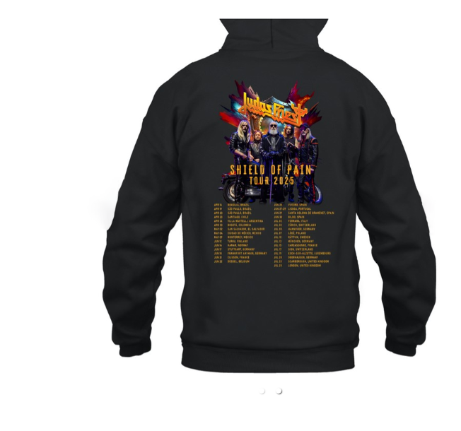 (2 sided) Judas Priest Shield Of Pain Tour 2025 Hoodie, Heavyweight Black Rock Band Pullover Sweatshirt for Music Fans