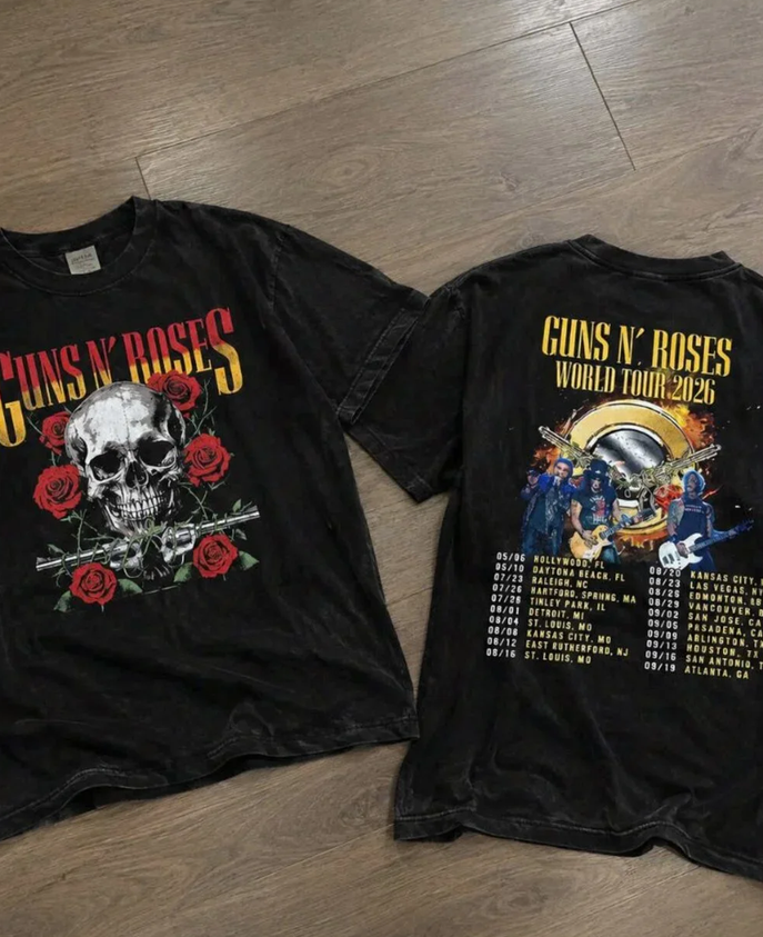 Guns N' Roses World Tour 2026 Skull Roses Band Merch Black Tee
