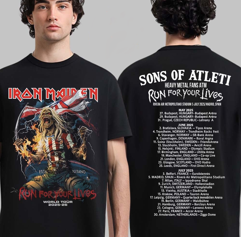 Iron Maiden Run For Your Lives World Tour 2025 2026 Sons Of Atleti Heavy Metal Fans ATM Eddie Atletico de Madrid Two Sided T-Shirt