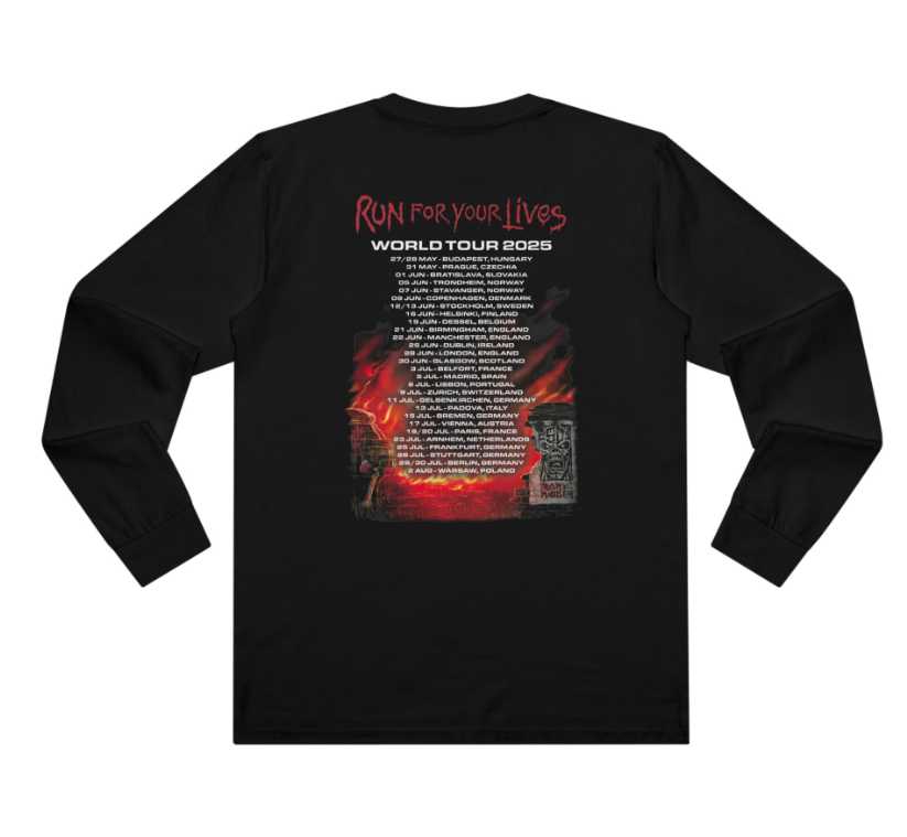 (2 sides)2025 Iron Maiden World Tour Tee – Run For Your Lives Merch with Back Print Dates Long Sleeve Double Sided