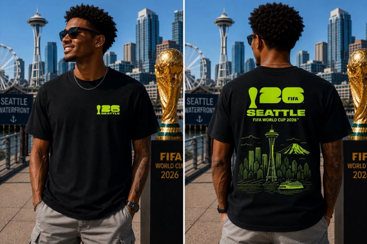 Oversized unisex t-shirt printed with a FIFA World Cup 2026 Seattle poster