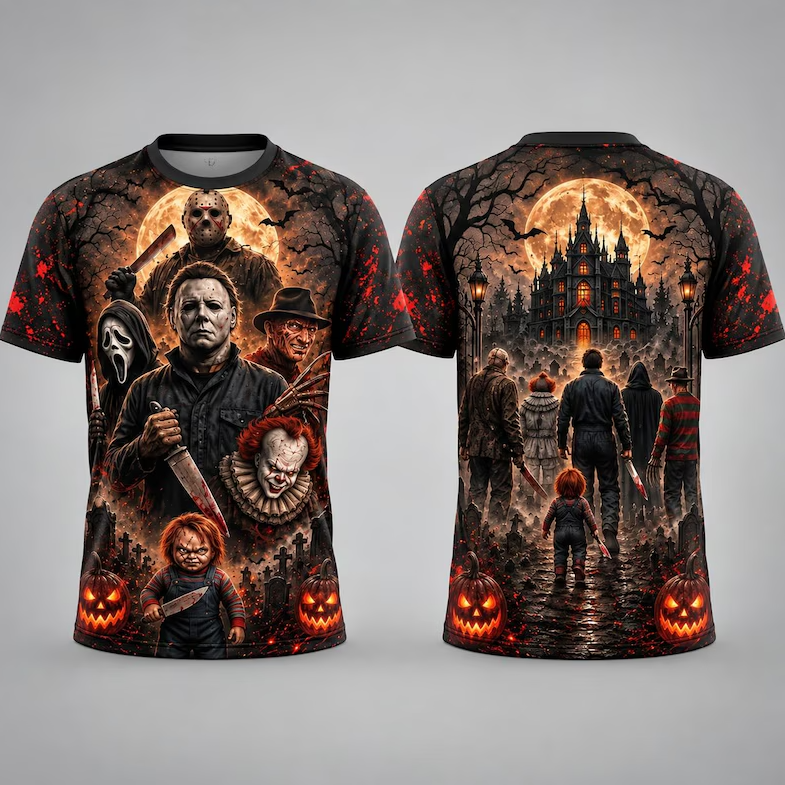 Horror Icons Halloween 3D All Over Shirt, Slasher Movie Villains All Over Print Tee, Scary Killer Halloween Shirt, Horror Fan Gift
