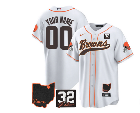 Browns #32 Jim Brown Memorial & Home Patch Baseball Custom Jersey V2 - All Stitched