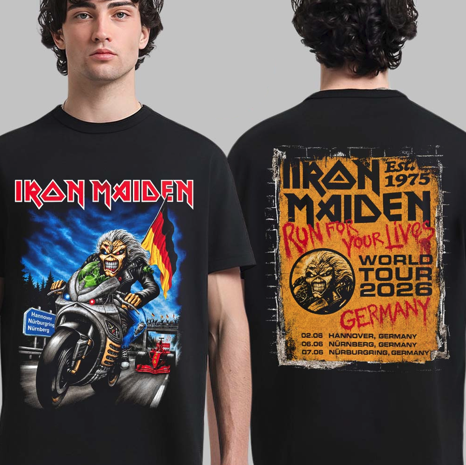 Iron Maiden Germany 2026 Tour Exclusive Event Tee For Hannover Nurnberg And Nurburgring On 2 6 And 7 June 2026 Eddie Riding Motor T-Shirt