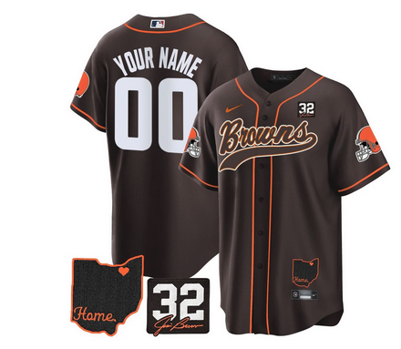 Browns #32 Jim Brown Memorial & Home Patch Baseball Custom Jersey V2 - All Stitched