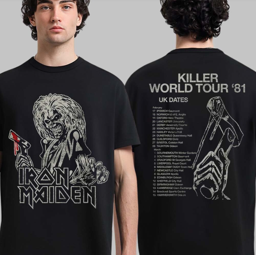 Iron Maiden 50th Anniversary Killer World Tour 1981 UK Dates Vintage Double-Sided Tee