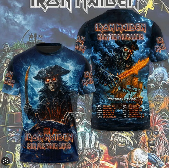 Skull Pirate Graphic Tee for Iron Maiden's 2026 Run For Your Lives 3D All Over