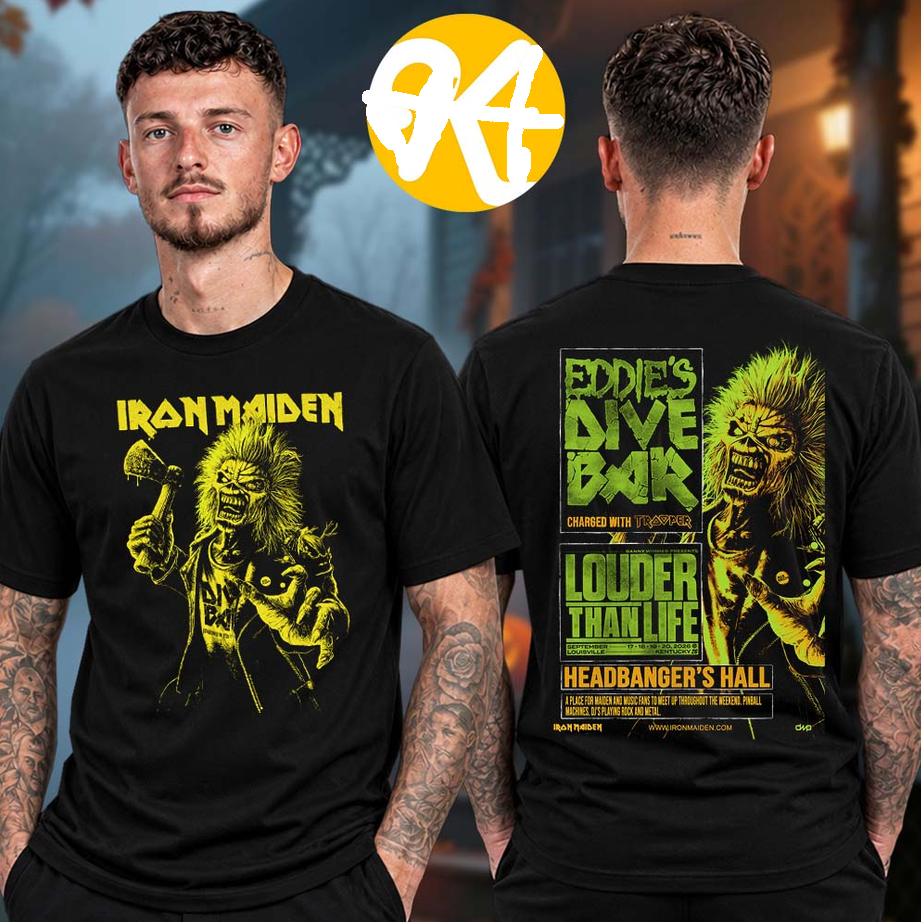 Iron Maiden Louder Than Life 2026 Eddie Dive Bar Charged With Trooper Two Sided Unisex T-Shirt