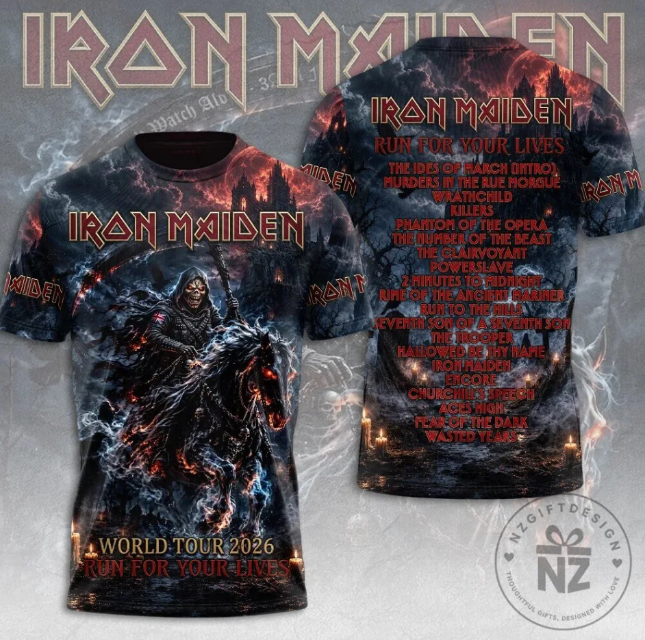 Iron Maiden World Tour 2026 Run for Your Lives Album Art T-Shirt 3D All Over