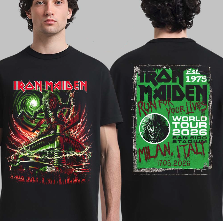 Iron Maiden Italy 2026 Tour Exclusive Event Tee For Milan Italy At San Siro Stadium On 17 June 2026 Forza Maiden Eddie With Axe T-Shirt