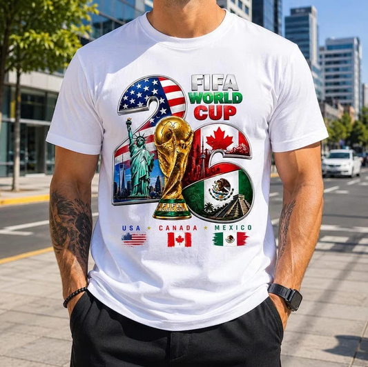 FIFA World Cup 2026 T-shirt, for soccer fans in the USA, Canada, and Mexico.