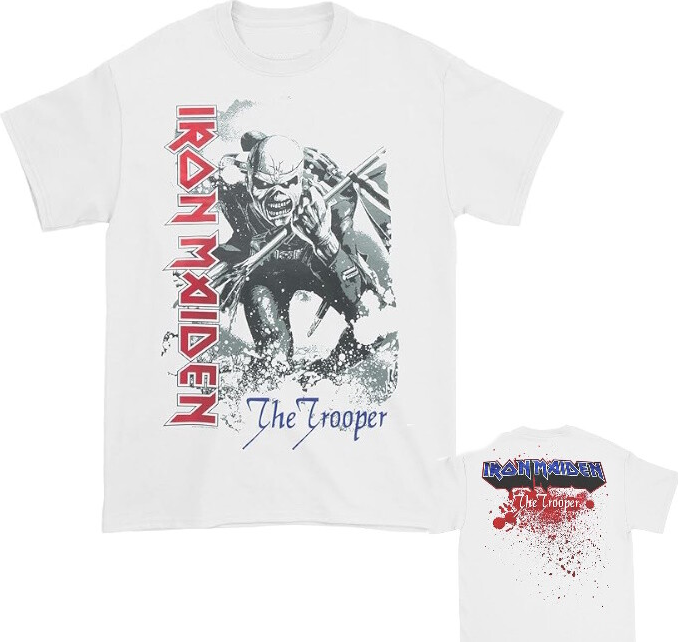 (two sided) Iron Maiden Trooper White T-Shirt – Brand New, Two-Sided Blood Splatter Design