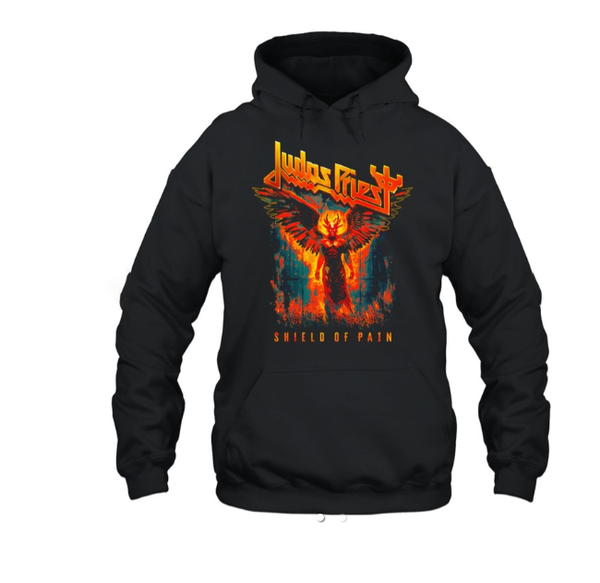 (2 sided) Judas Priest Hoodie Shield of Pain 2025 Tour Youth Pullover, Black Heavyweight Rock Band