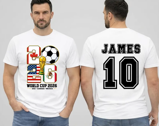 World Cup 2026 T-shirt for soccer fans from the USA, Canada, and Mexico.