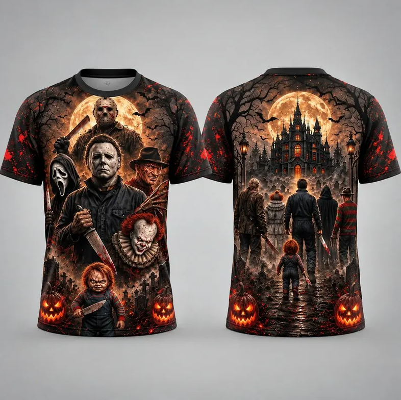 Horror Icons Halloween 3D Shirt, Slasher Movie Villains 3D All Over Print Tee