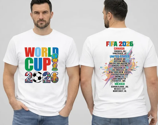FIFA World Cup 2026 T-shirts, T-shirts for the host cities of 2026: USA, Canada, Mexico.