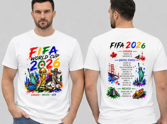 FIFA World Cup 2026 T-shirt, T-shirt for soccer fans from the USA, Canada, and Mexico.