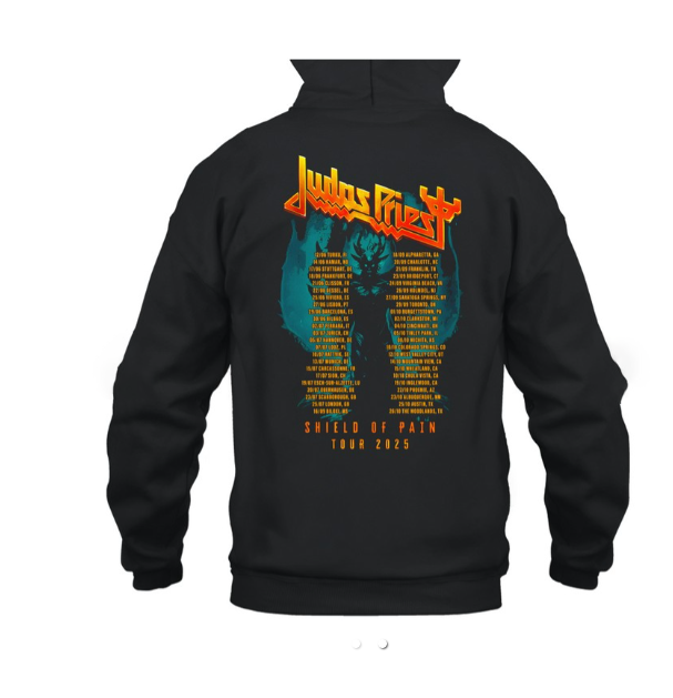 (2 sided) Judas Priest Hoodie Shield of Pain 2025 Tour Youth Pullover, Black Heavyweight Rock Band