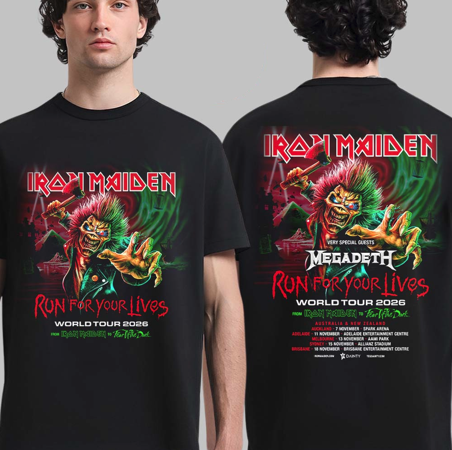 Iron Maiden Run For Your Lives World Tour 2026 Australia And New Zealand With Megadeth Schedule Dates Two Sided T-Shirt