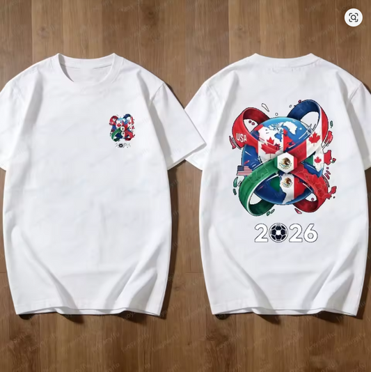 The 2026 soccer jerseys feature the flags of the United States, Canada, Mexico, and a globe.
