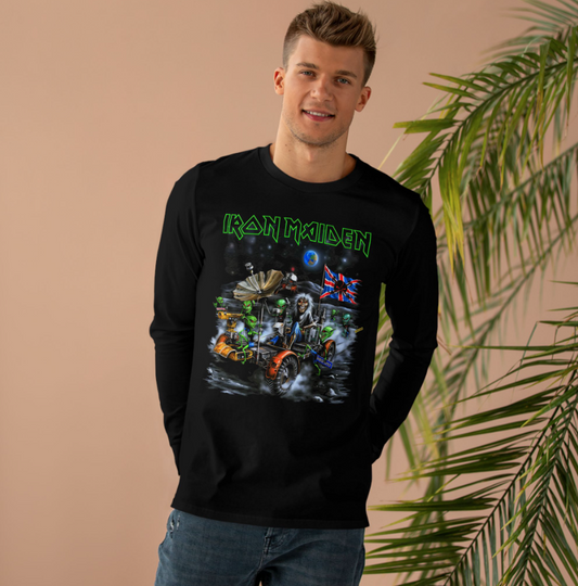 (2 sides)Eddie and the Aliens Iron Maiden Fan Club Shirt – Two-Sided Unisex Rock Long Sleeve Double Sided