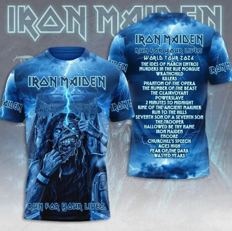 Iron Maiden Run For Your Lives World Tour 2026 Shirt, Iron Maiden 3D All Over Print Tshirt, Heavy Metal Band Tee, Rock Concert Tour Tee Gift