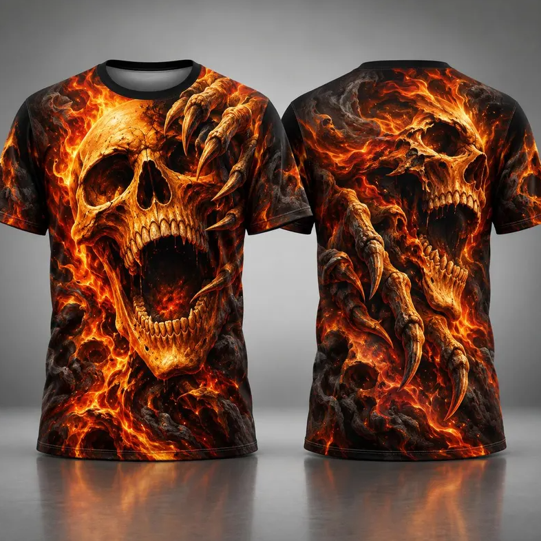 Flaming Skull 3D Shirt, Fire Skeleton Halloween T-Shirt, Scary Skull Horror Tee, Demon Claw All Over Print, Halloween Costume Men