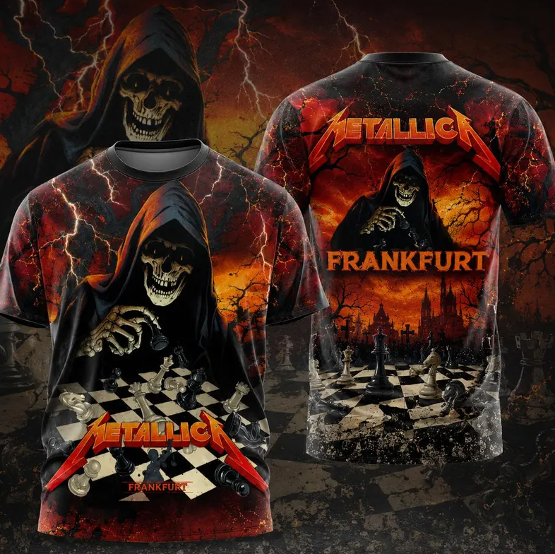Metallica Frankfurt All Over Print T Shirt, Heavy Metal Skull Tee, Gothic Grim Reaper Shirt, Rock Band Graphic Tee, Metalhead Gift