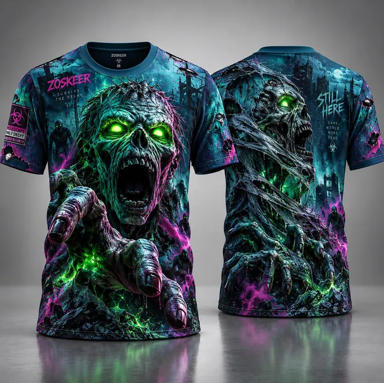 Zombie 3D Shirt, Neon Undead Halloween T-Shirt, Scary Zombie Horror Tee, Apocalypse All Over Print Shirt, Halloween Costume for Men