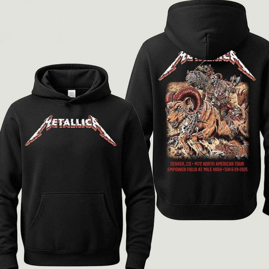 (2 sided)metallica hoodie Rock Music  M72 Denver Night 2 Merchandise Hoodie On June 29th 2025 In Denver Colorado Empower Field at Mile High Two Sided Print T-Shirt Hoodie