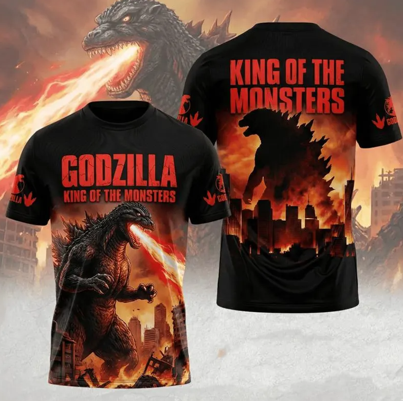 Godzilla King Of Monsters 3D Graphic Tee, Giant Kaiju Monster 3D All Over Print Shirt