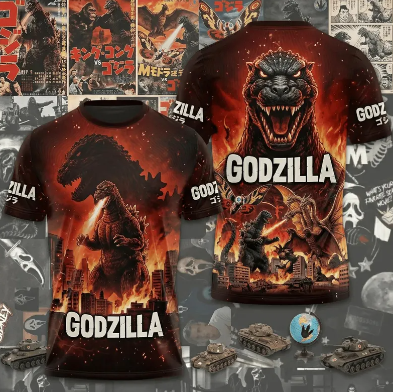 Godzilla 3D Apparel, Giant Monster Graphic Shirt, Kaiju Creature Design, Japanese Monster Art, Godzilla Fan Gift 3D All Over