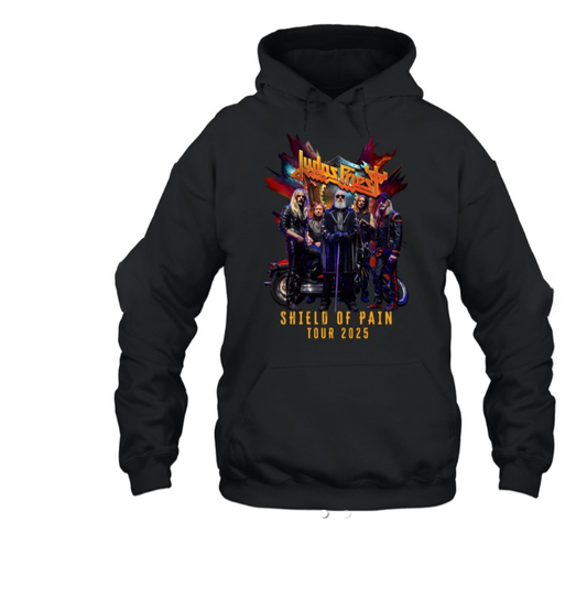 (2 sided) Judas Priest Shield Of Pain Tour 2025 Hoodie, Heavyweight Black Rock Band Pullover Sweatshirt for Music Fans