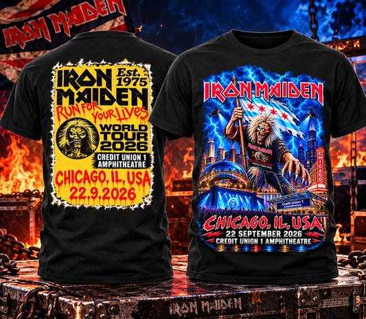 Iron Maiden Run For Your Lives World Tour 2026 Chicago IL Double-Sided T-Shirt
